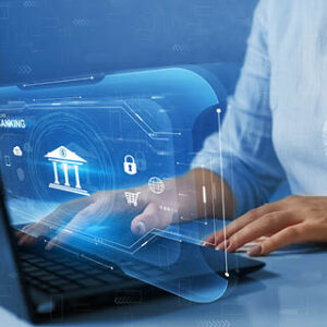 Zdjęcie pokazujące pracę przy komputerze w otoczeniu ikon związanych z bankowością