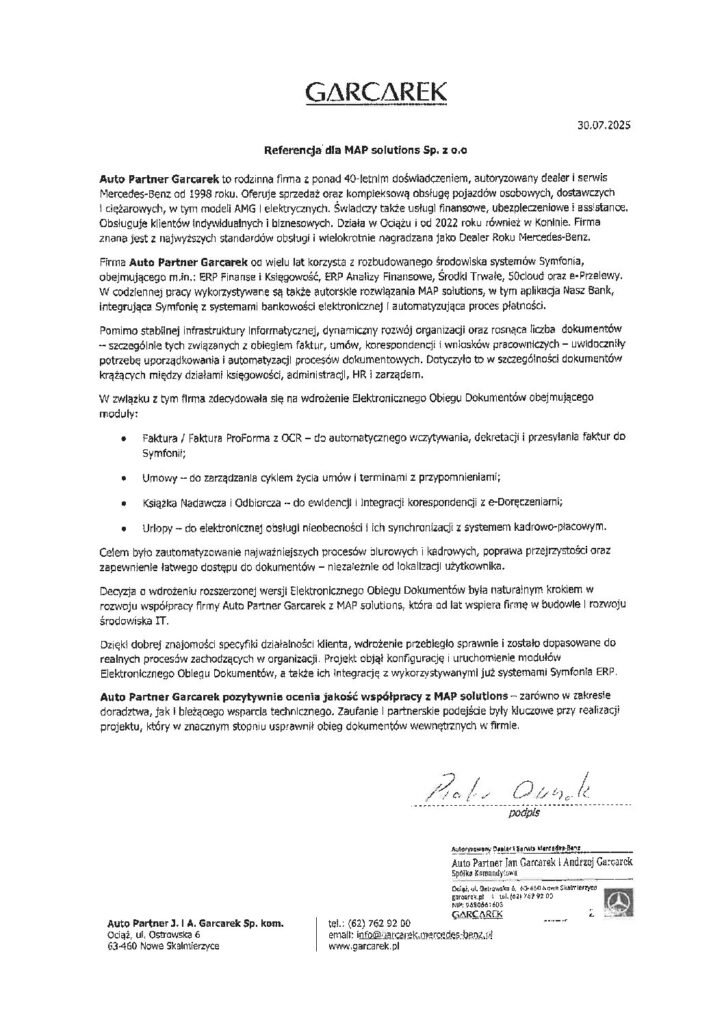 Referencje - Auto Partner Garcarek