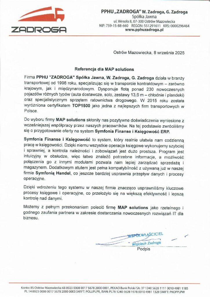 Referencje - PPHU „Zadroga” Spółka Jawna, W. Zadroga, G. Zadroga