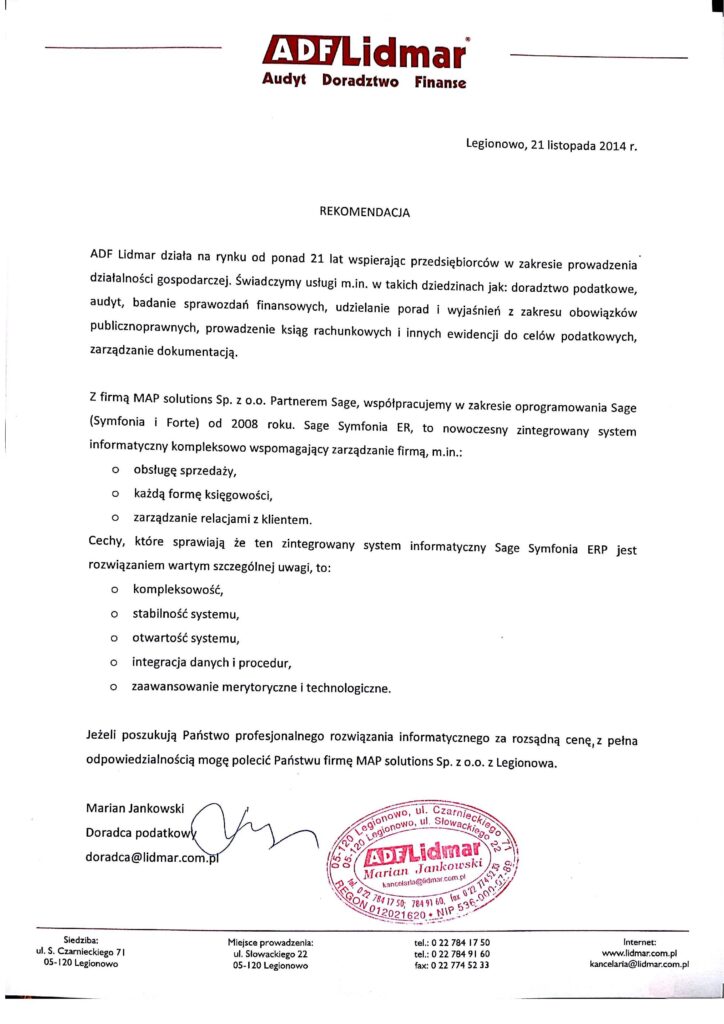 Referencje - ADF Lidmar