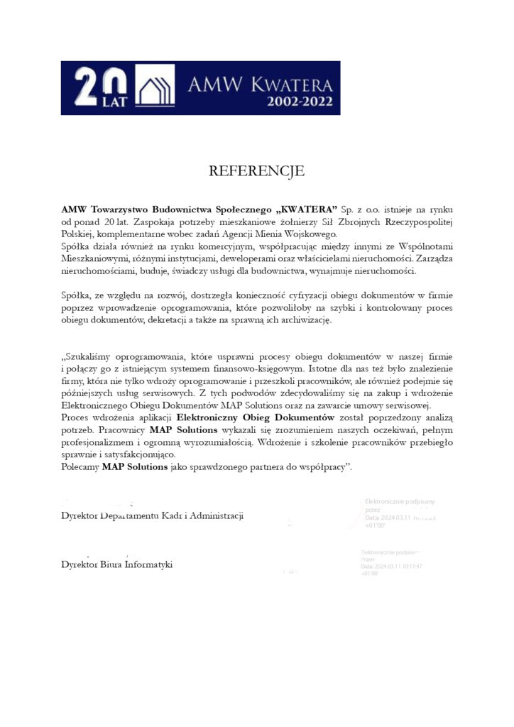 Referencje - AMW Towarzystwo Budownictwa Społecznego KWATERA S p. z o.o.