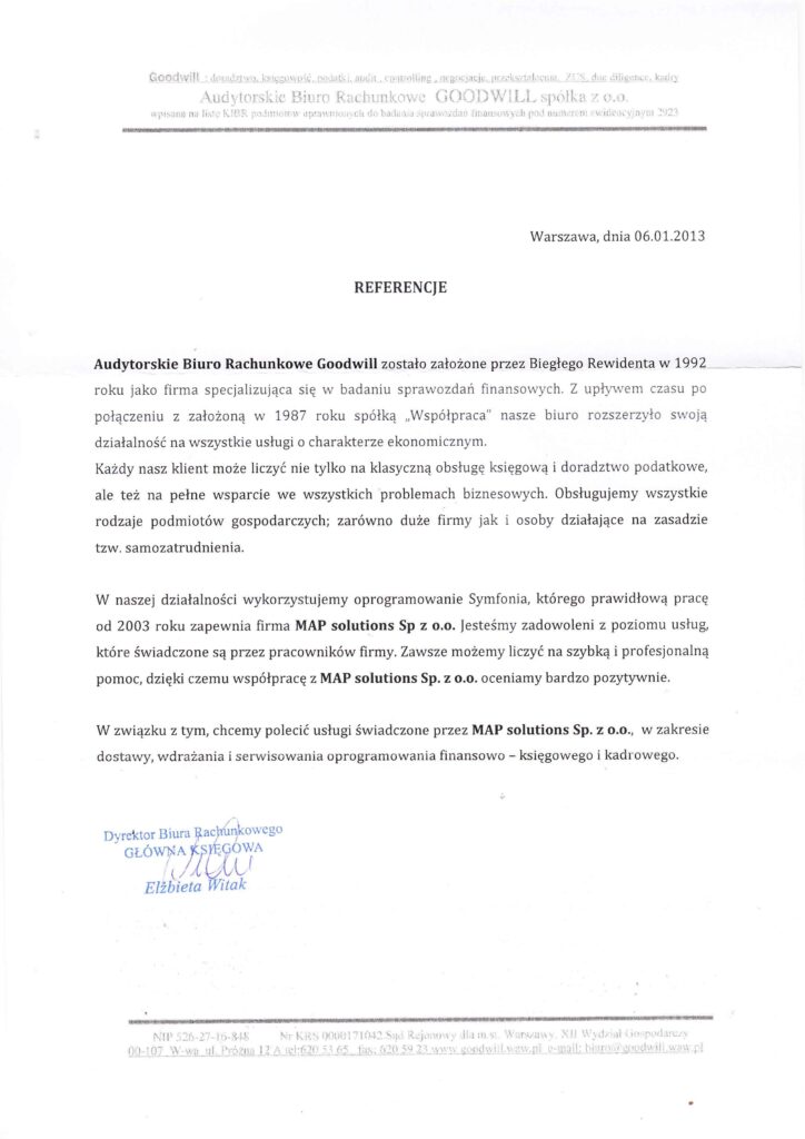 Referencje - Audytorskie Biuro Rachunkowe GOODWILL Sp. z o.o.