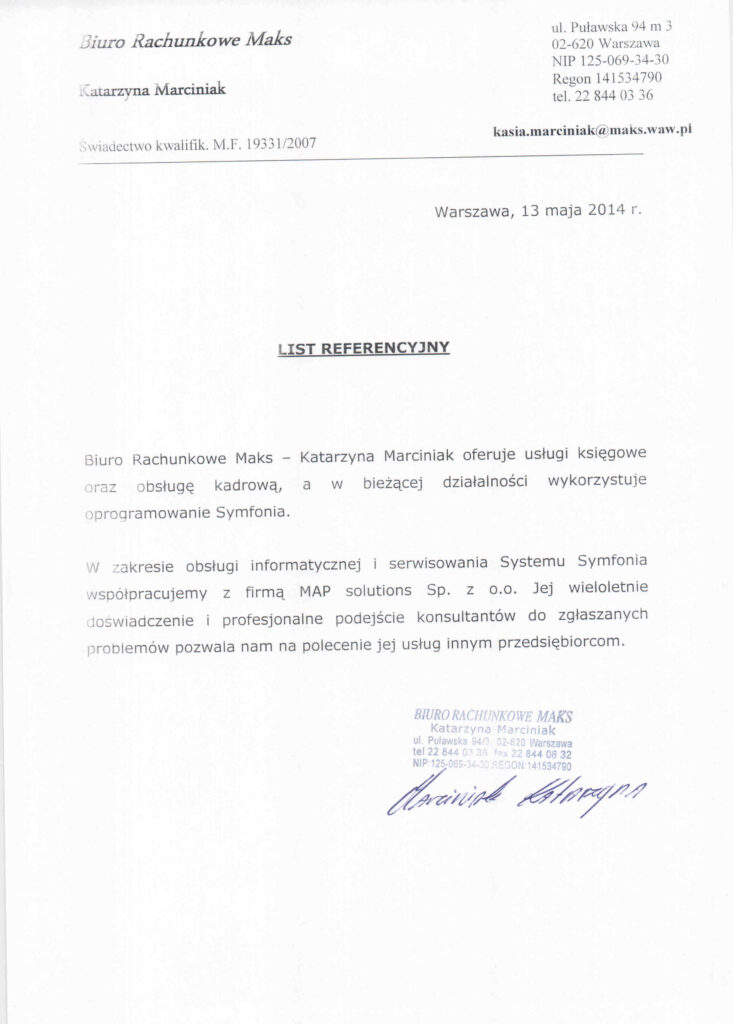 Referencje - Biuro Rachunkowe Maks – Katarzyna Marciniak