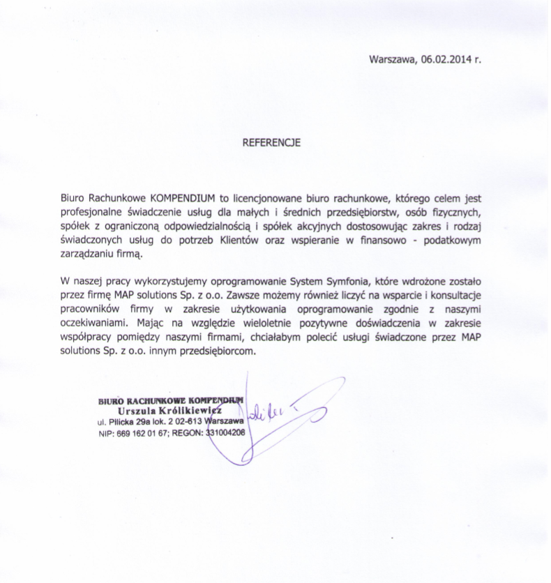 Referencje - Biuro Rachunkowe KOMPENDIUM Urszula Królikiewicz