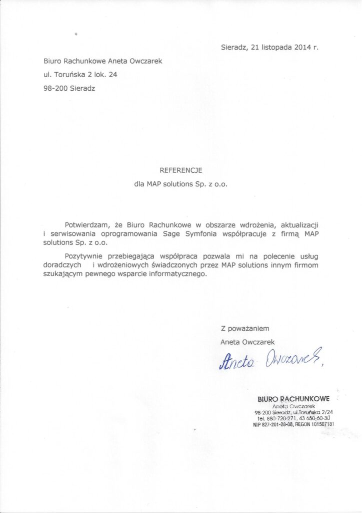 Referencje - Biuro Rachunkowe Aneta Owczarek