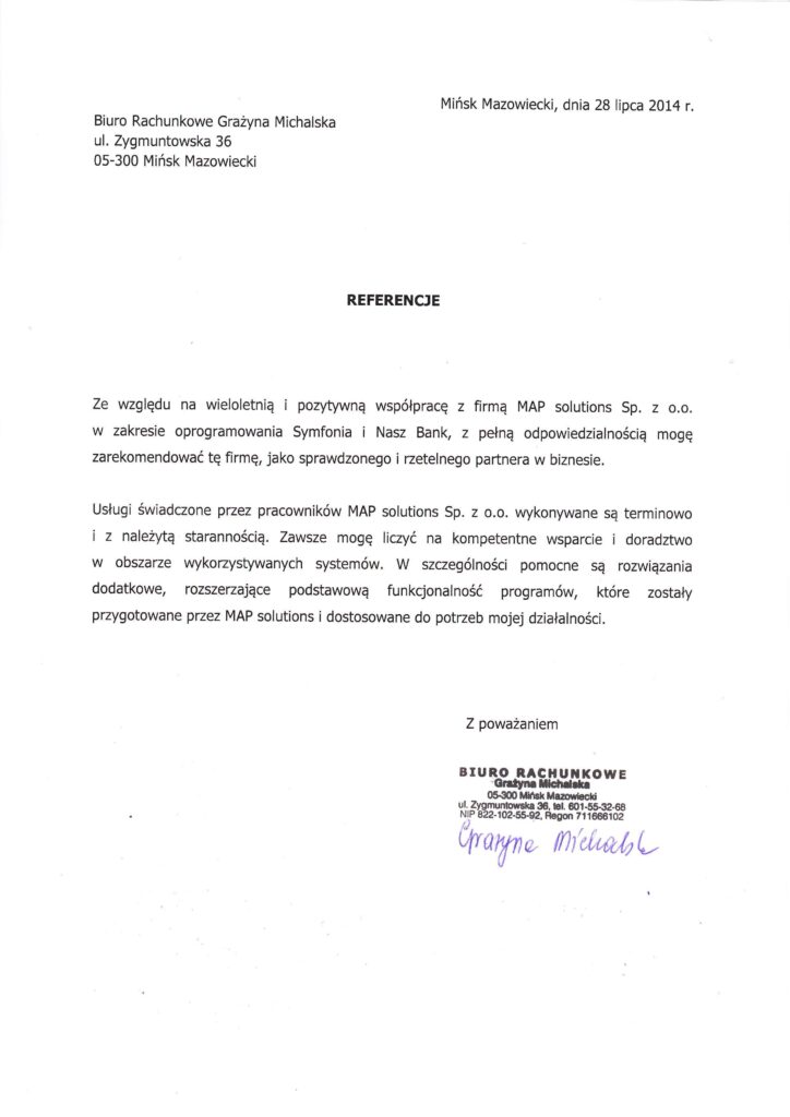 Referencje - Biuro Rachunkowe Grażyna Michalska