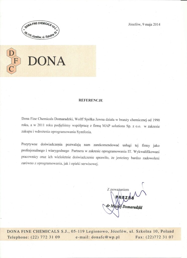 Referencje - DONA Fine Chemicals Sp. j.