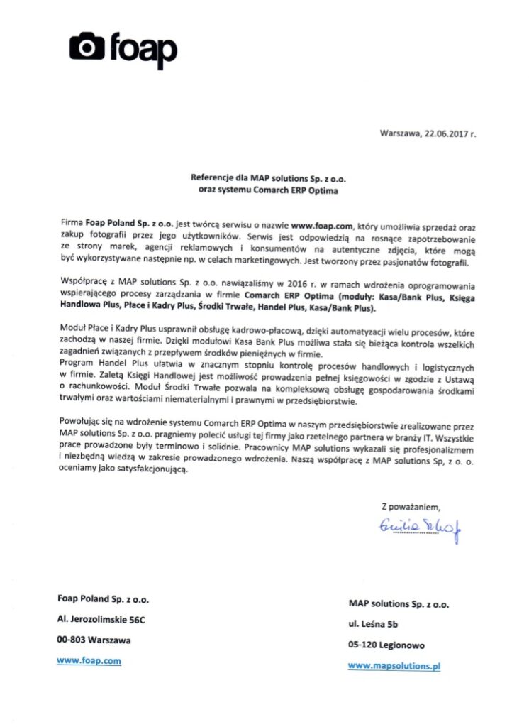 Referencje - FOAP Polska Sp. z o.o.