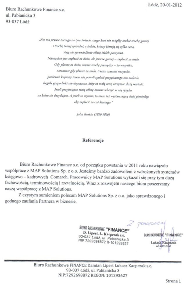 Referencje - Biuro Rachunkowe Finance s.c.