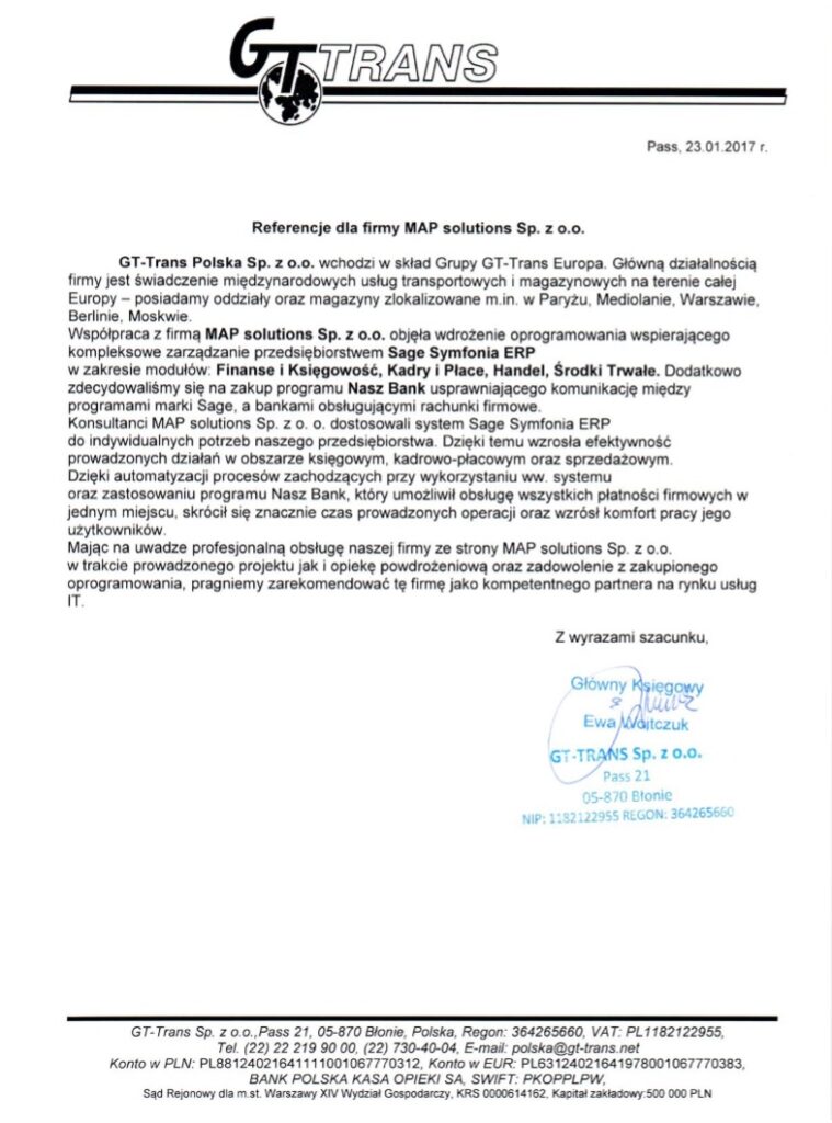 Referencje - GT-Trans Polska Sp. z o.o.