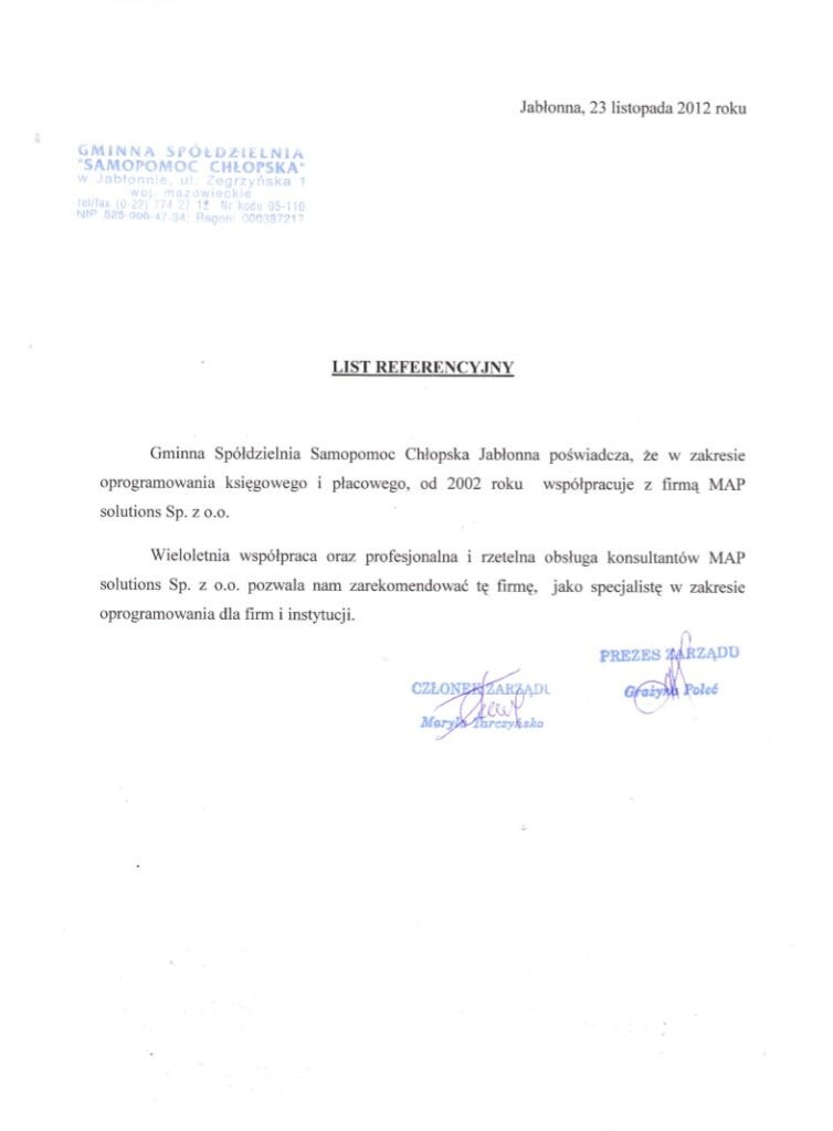 Referencje - Gminna Spółdzielnia „Samopomoc Chłopska” w Jabłonnie