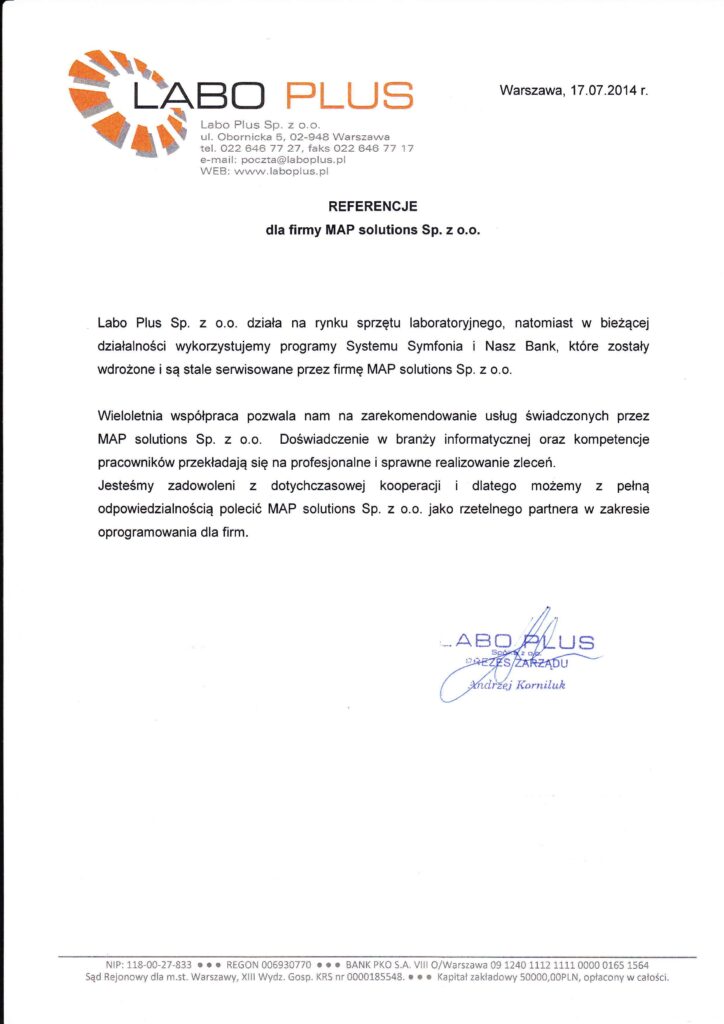 Referencje - Labo Plus Sp. z o.o.