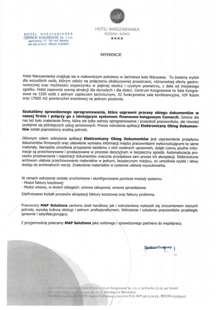 Referencje - Hotel Warszawianka Centrum Kongresowe sp. z o.o.