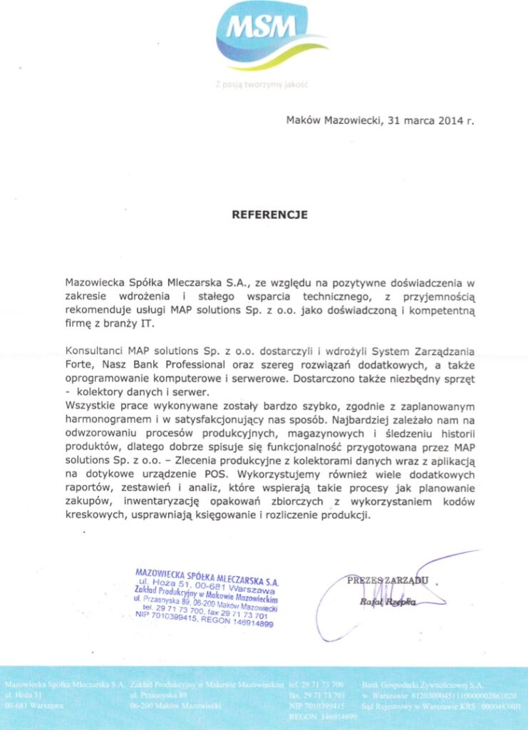 Referencje - Mazowiecka Spółka Mleczarska S.A.
