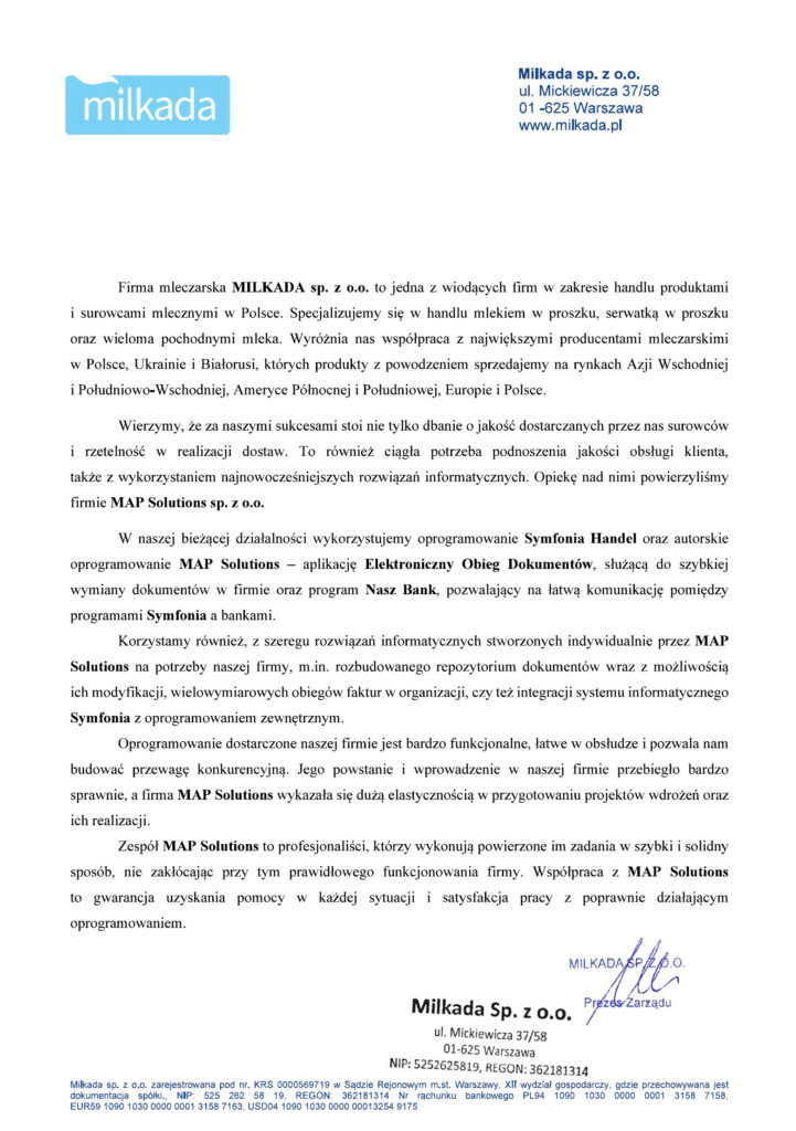 Referencje - Milkada sp. z o.o.
