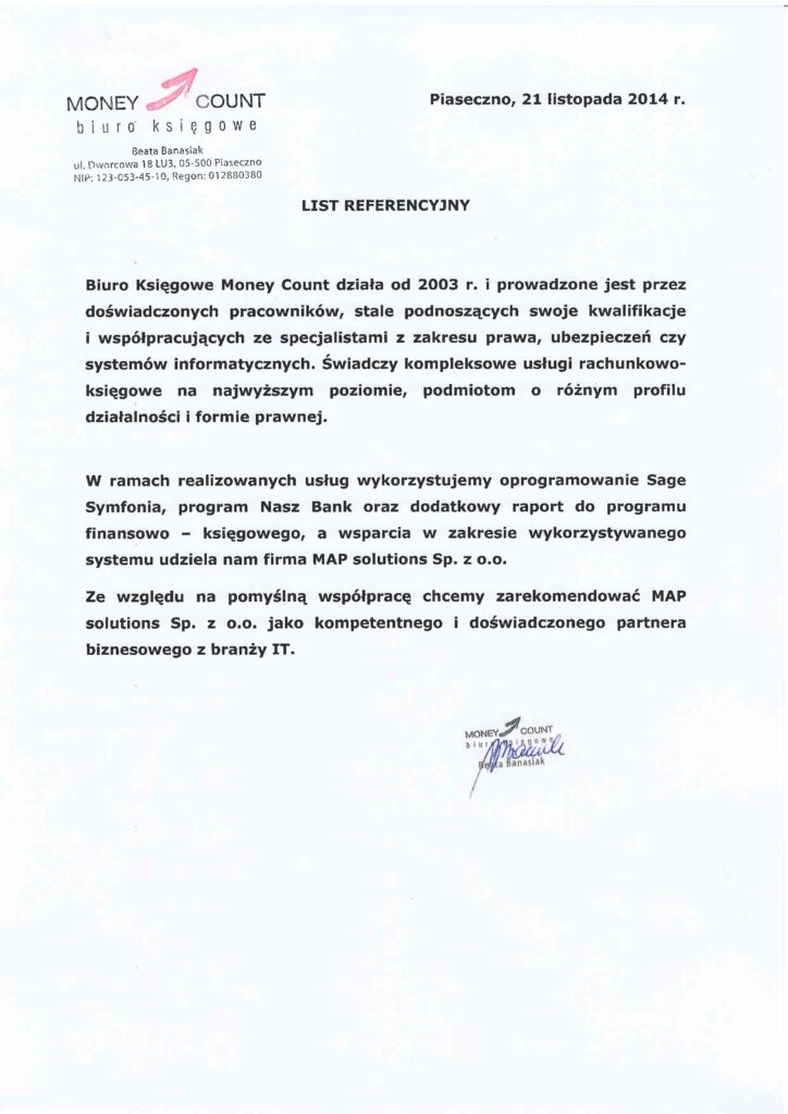 Referencje - Money Count Biuro Księgowe