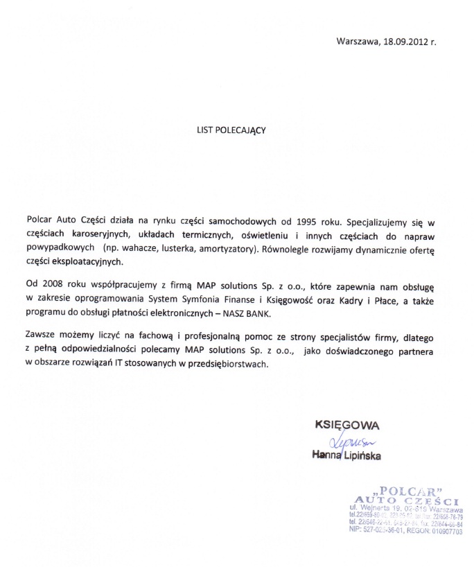 Referencje - CARSEN AUTO CZĘŚCI (dawniej „POLCAR AUTO CZĘŚCI”)