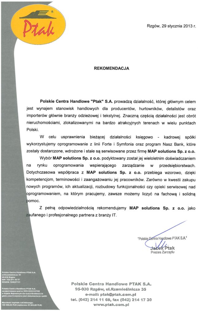 Referencje - Polskie Centra Handlowe PTAK S.A.