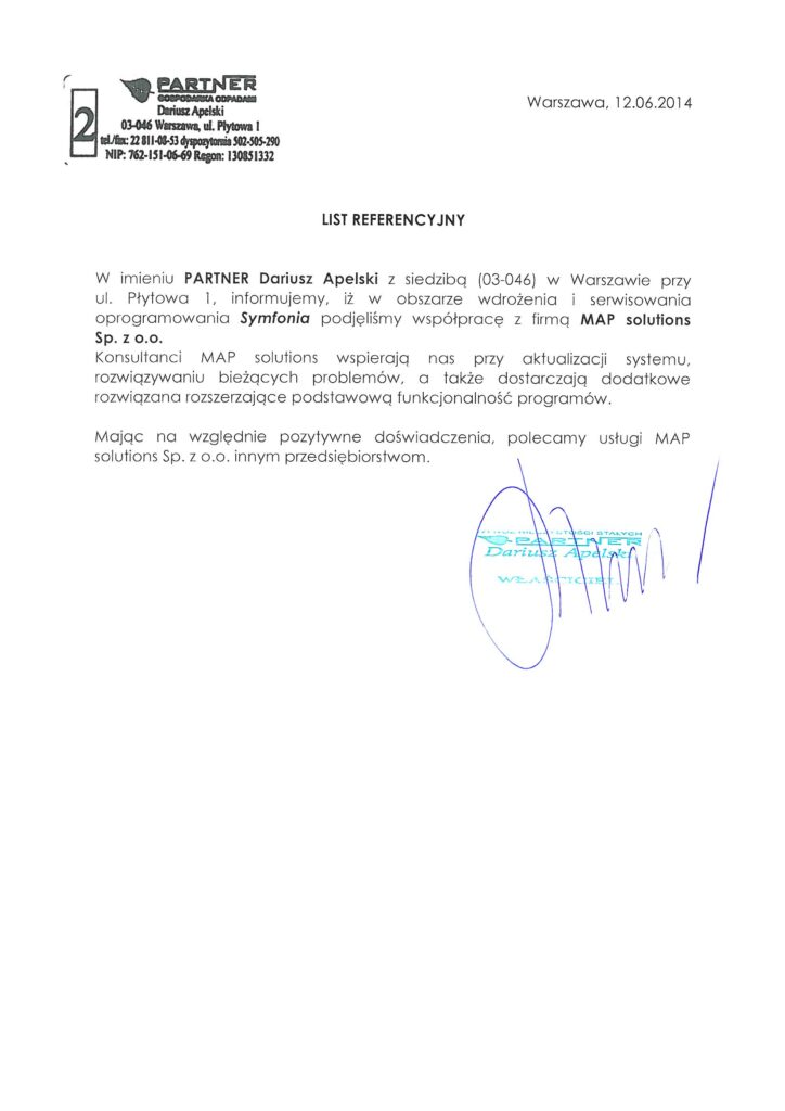 Referencje - PARTNER Dariusz Apelski