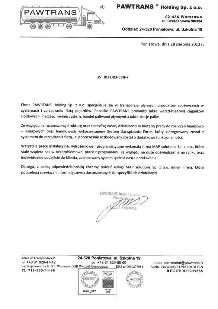 Referencje - PAWTRANS Holding Sp. z o.o.
