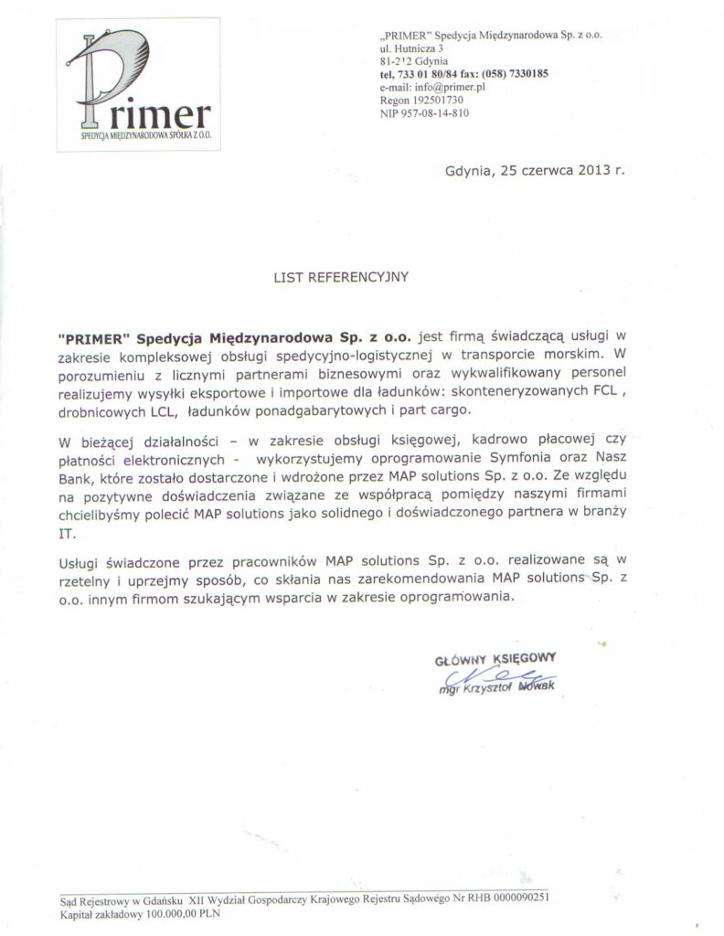 Referencje - PRIMER Spedycja Międzynarodowa Sp. z o.o.