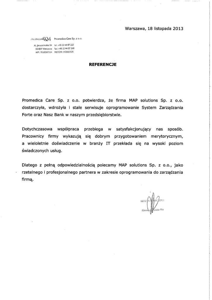 Referencje - Promedica Care Sp. z o.o.
