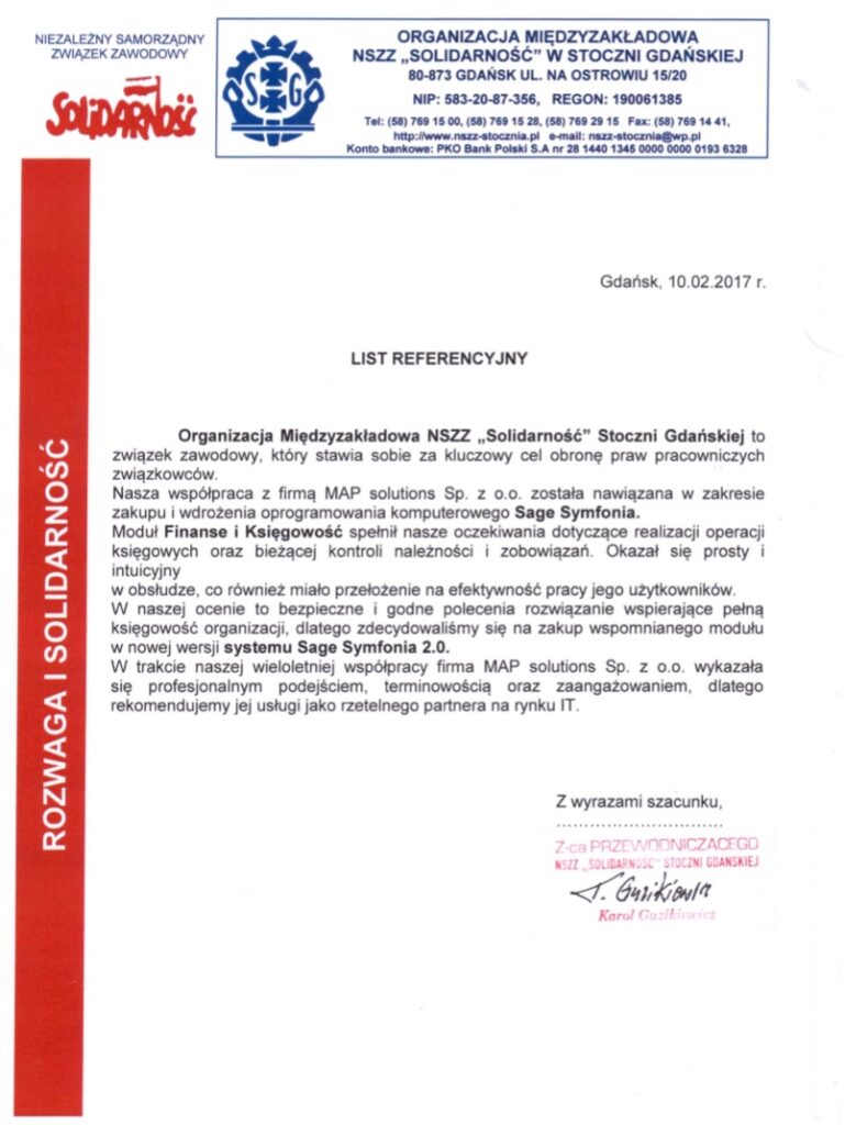 Referencje - Organizacja Międzyzakładowa NSZZ „Solidarność” Stoczni Gdańskiej