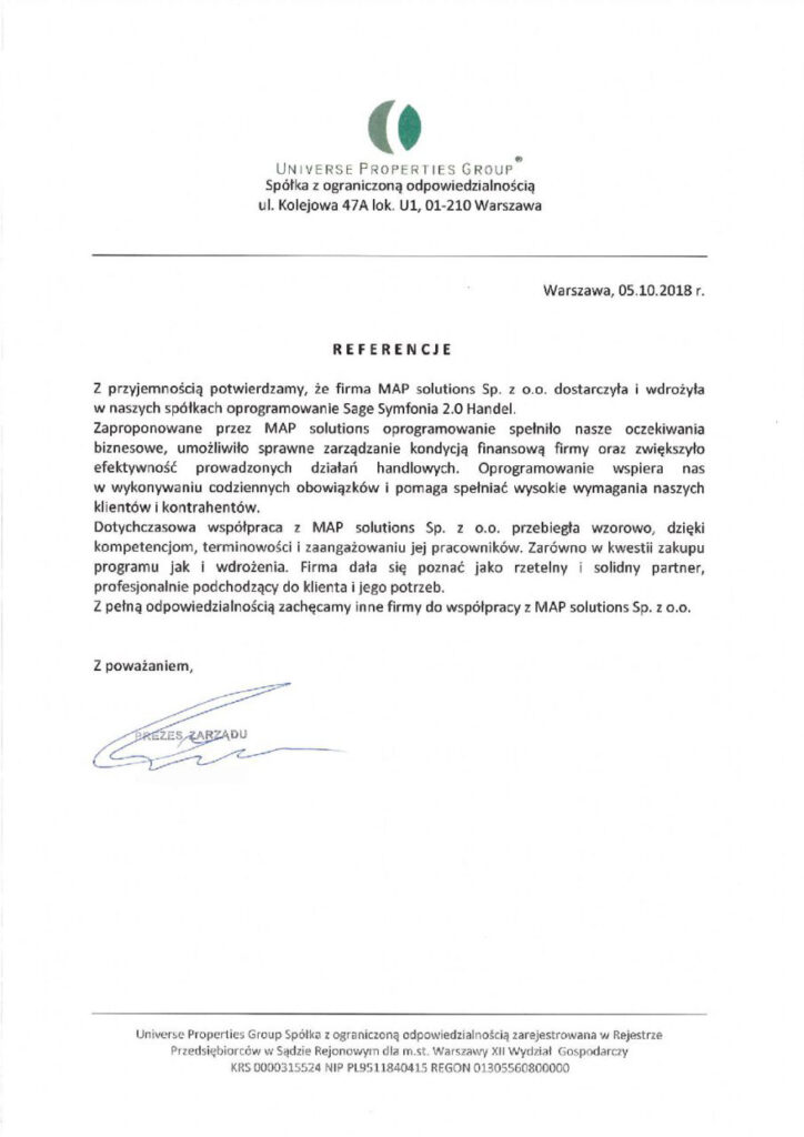 Referencje - Universe Properties Group Sp. z o.o.