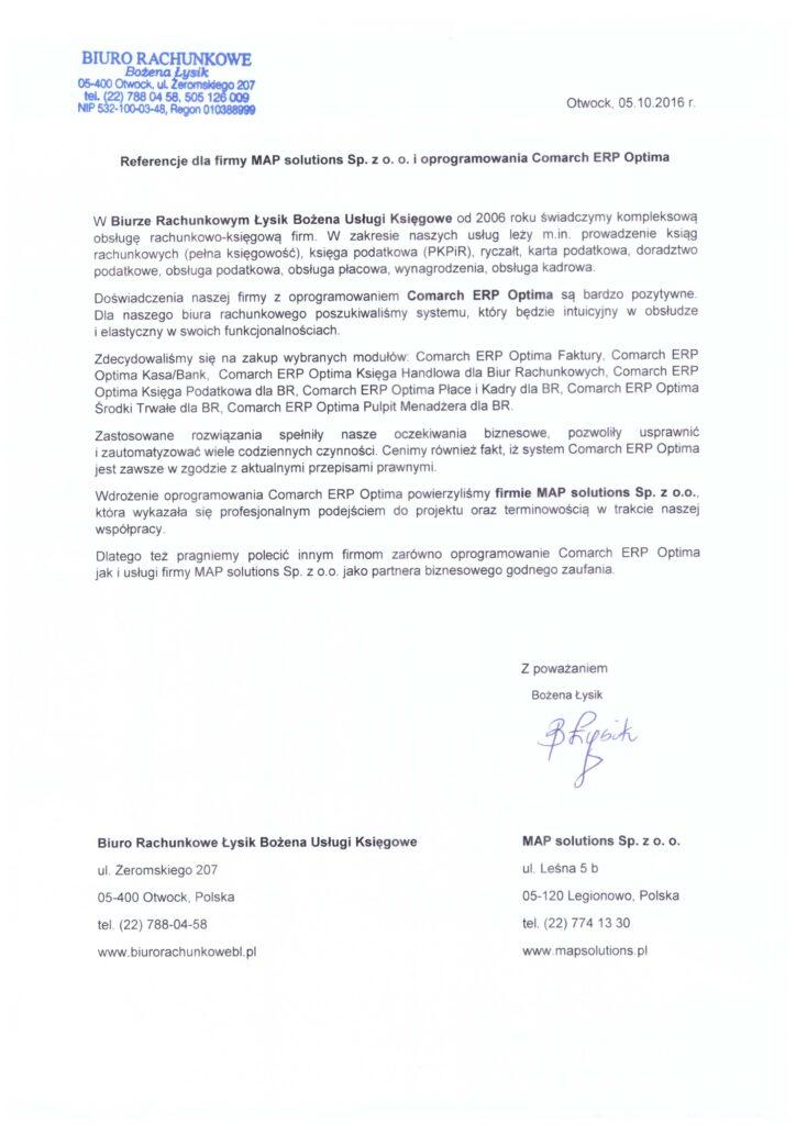 Referencje - Biuro Rachunkowe Bożena Łysik