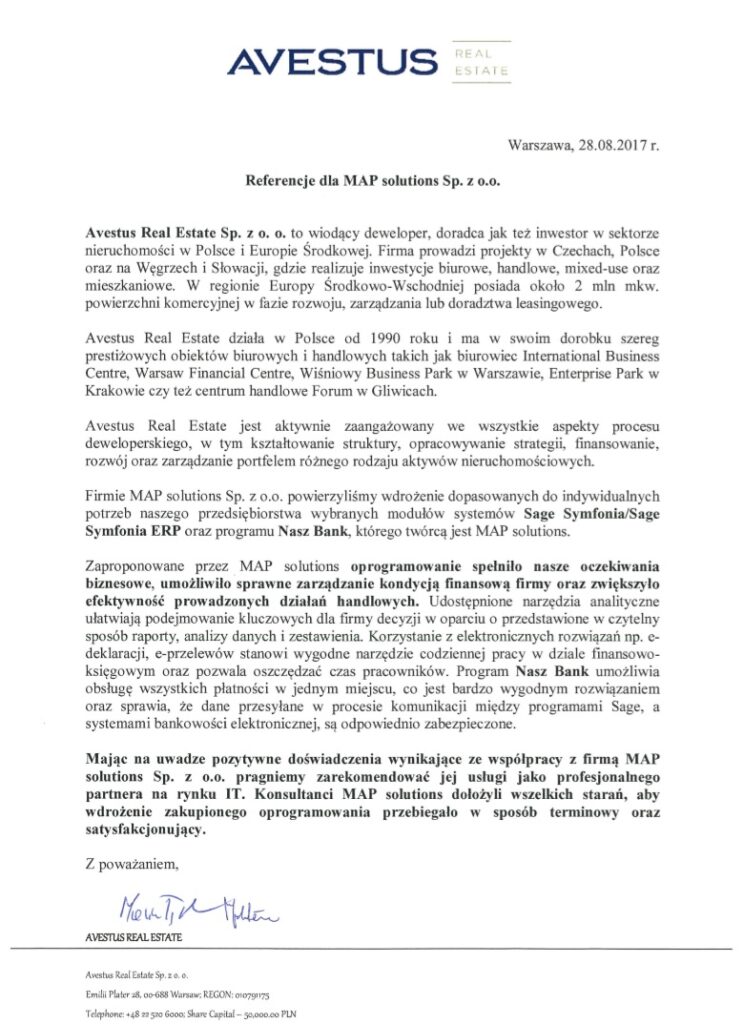 Referencje - Avestus Real Estate Sp. z o.o.