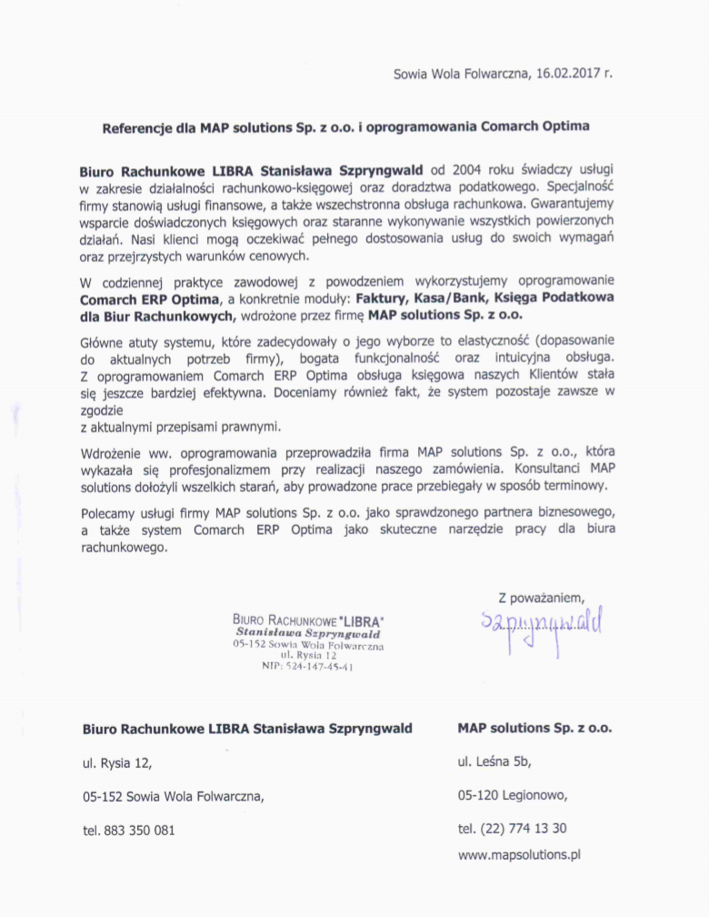 Referencje - Biuro Rachunkowe „LIBRA” Stanisława Szpryngwald