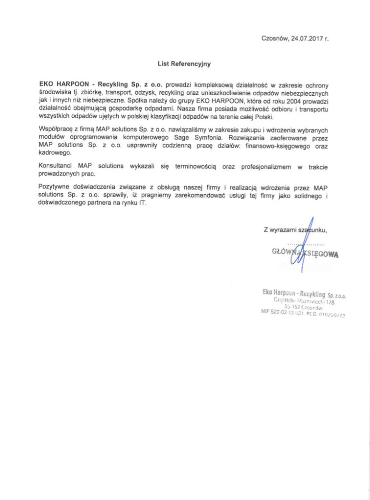 Referencje - EKO HARPOON Recykling Sp. z o.o.