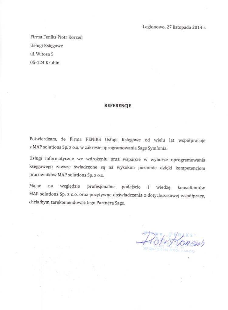 Referencje - Feniks Piotr Korzeń