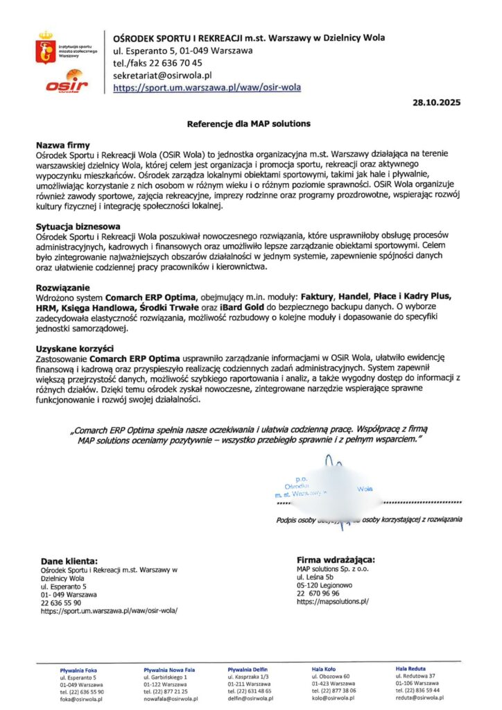 Referencje - Ośrodek Sportu i Rekreacji m.st. Warszawy w Dzielnicy Wola