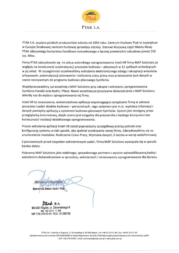 Referencje - PTAK S.A.