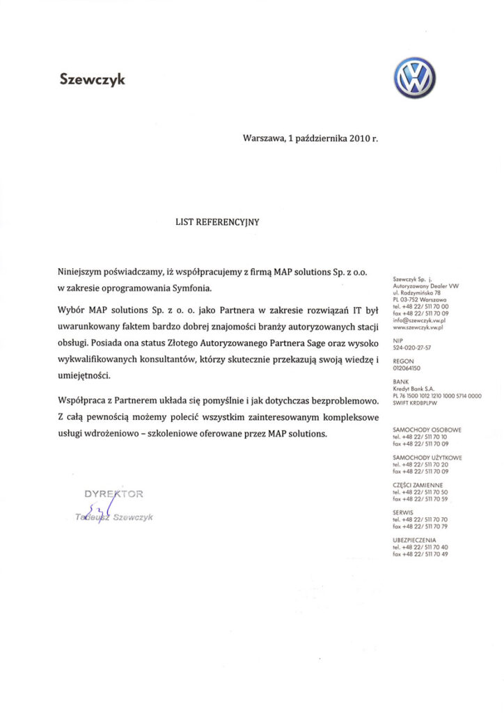Referencje - Szewczyk Sp.j. – Autoryzowany Dealer VW
