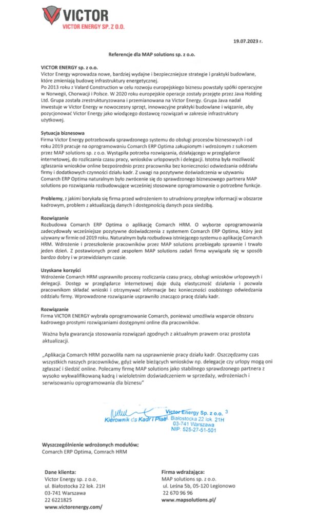 Referencje - Victor Energy sp. z o.o.