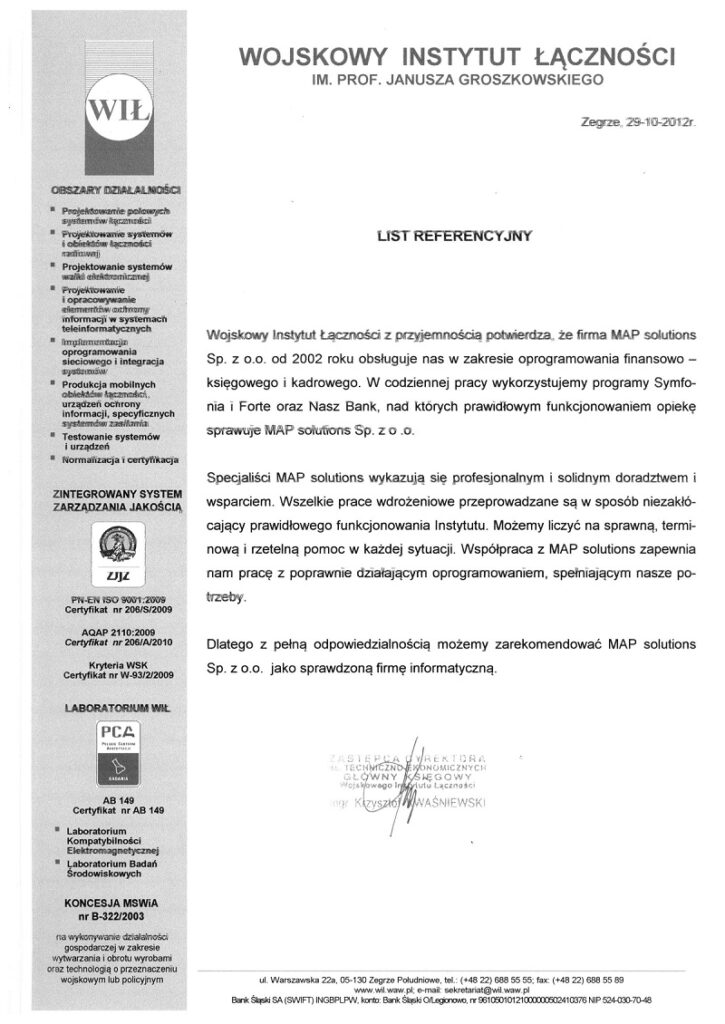 Referencje - Wojskowy Instytut Łączności im. Prof. J. Groszkowskiego