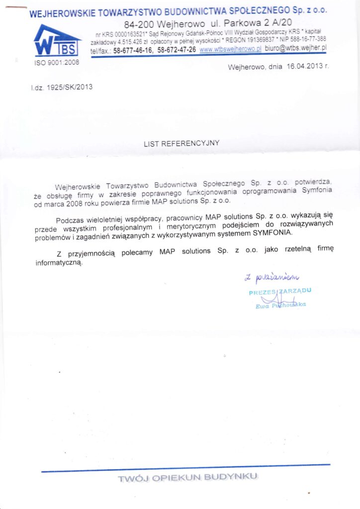 Referencje - Wejherowskie Towarzystwo Budownictwa Społecznego Sp. z o.o.