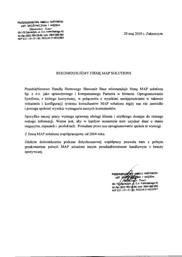 Referencje - Przedsiębiorstwo Handlu Hurtowego Sławomir Baur