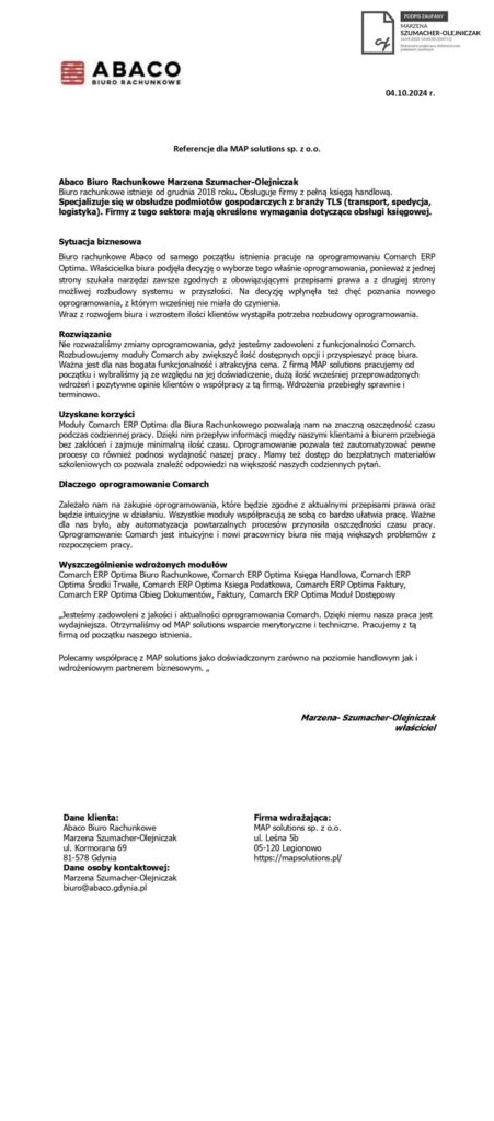 Referencje - Abaco Biuro Rachunkowe Marzena Szumacher-Olejniczak