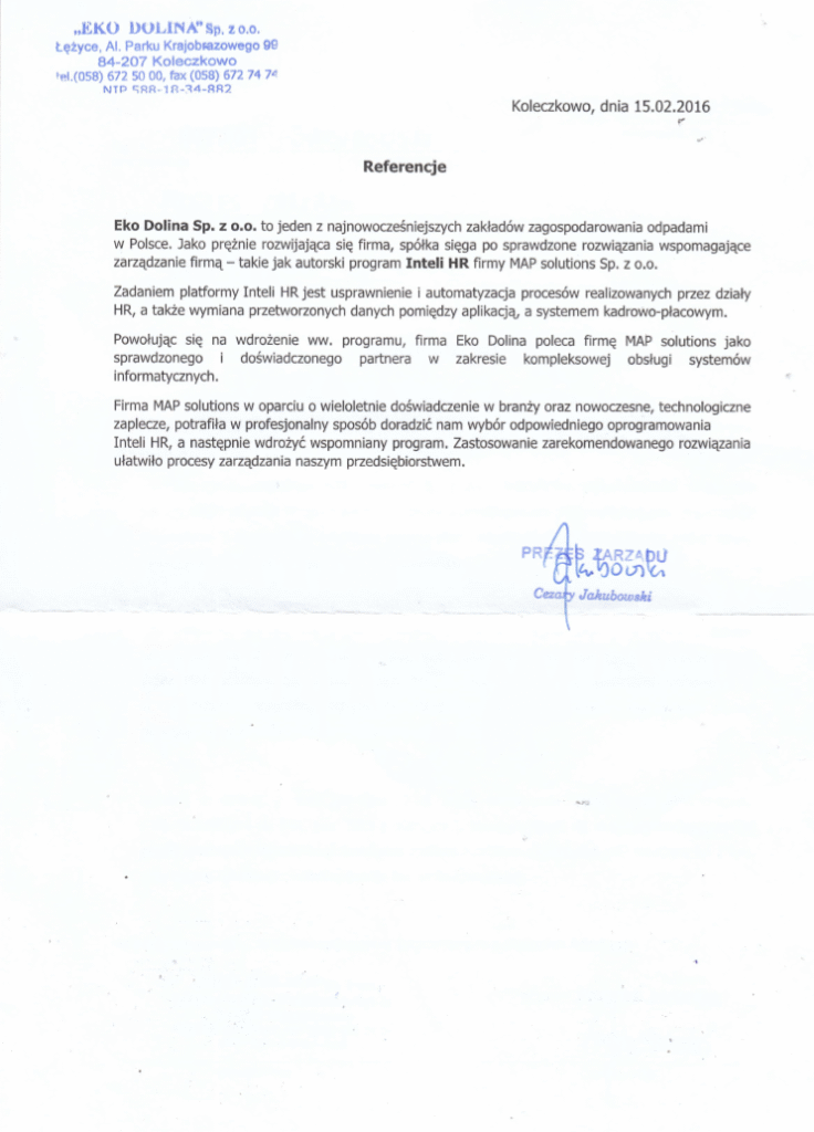 Referencje - Eko Dolina Sp. z o.o.