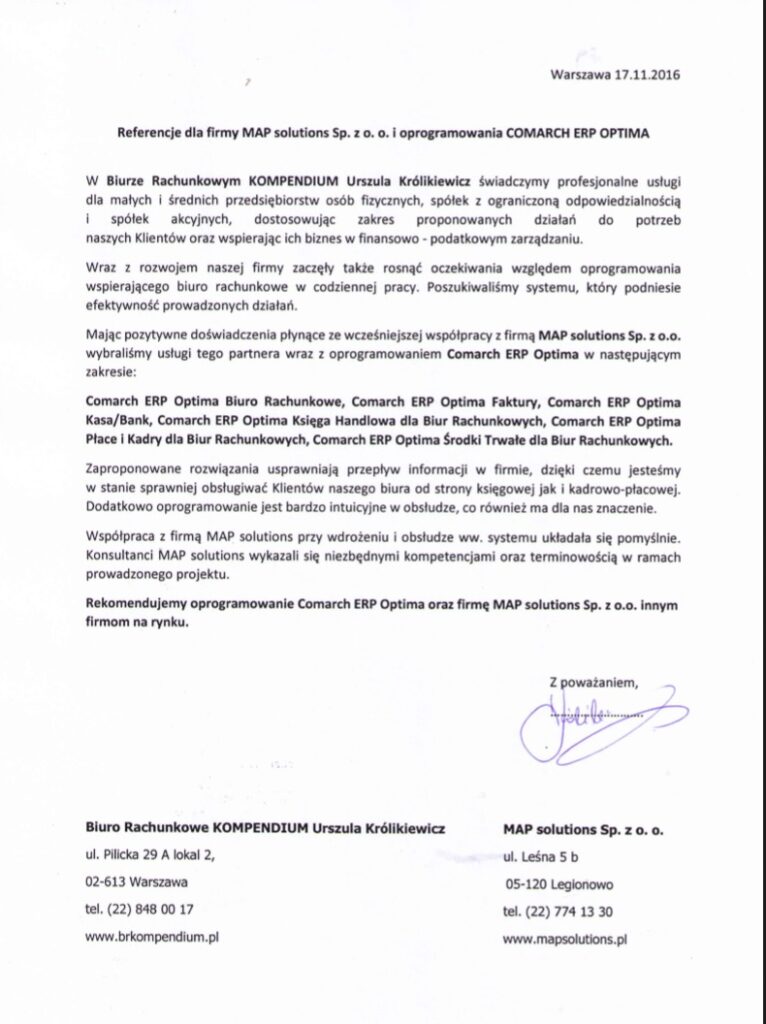 Referencje - Biuro Rachunkowe Kompendium Urszula Królikiewicz