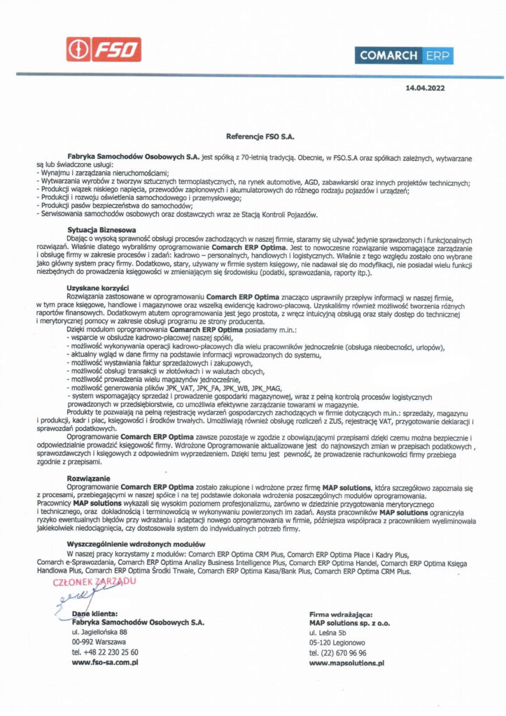 Referencje - FSO S.A.