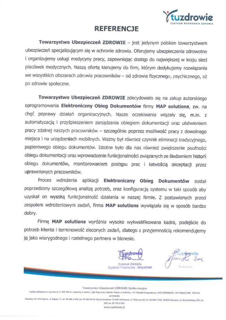 Referencje - Towarzystwo Ubezpieczeń ZDROWIE