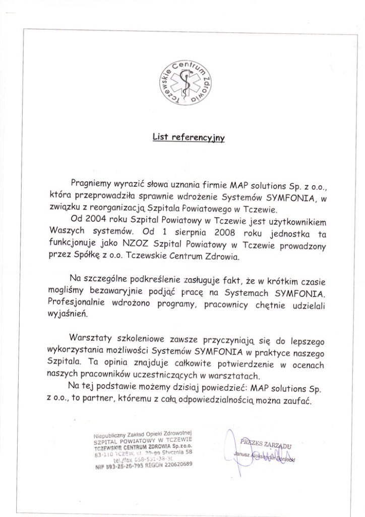 Referencje - Tczewskie Centrum Zdrowia Sp. z o.o.