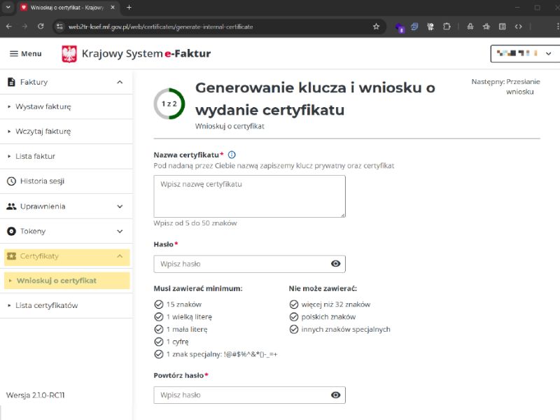 MCU zakładka Certyfikat
