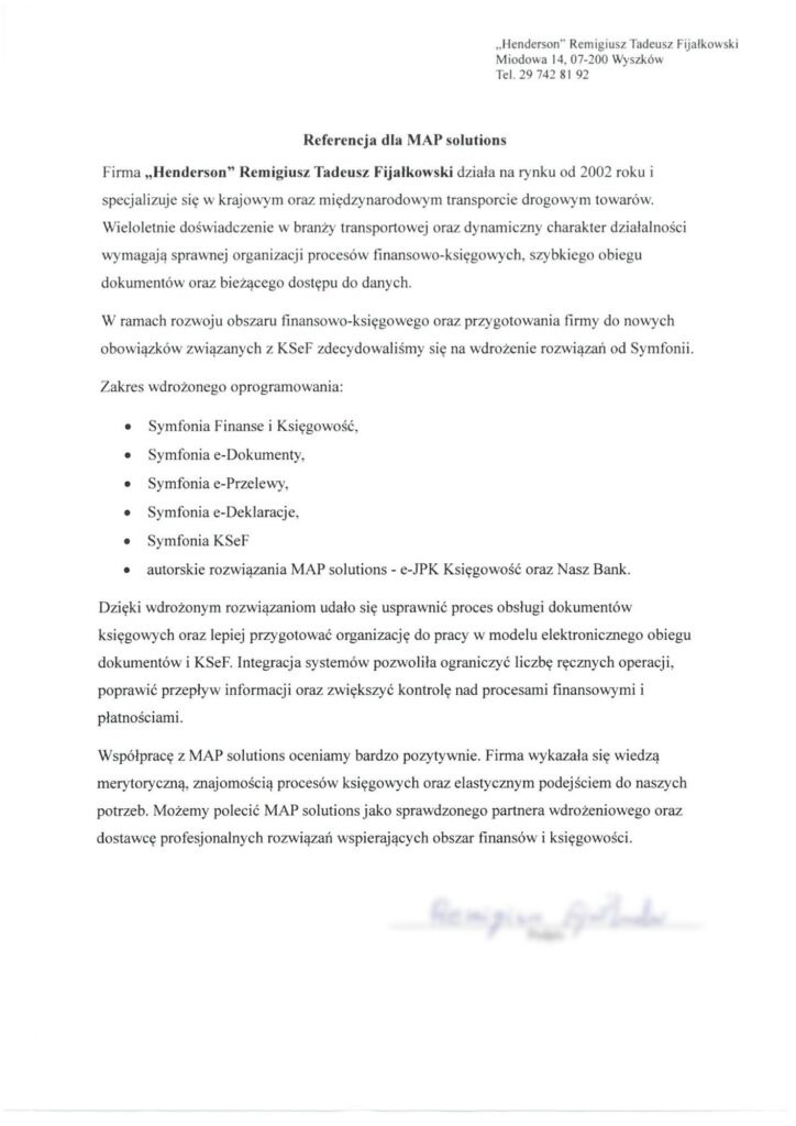 Referencje - Henderson Remigiusz Tadeusz Fijałkowski