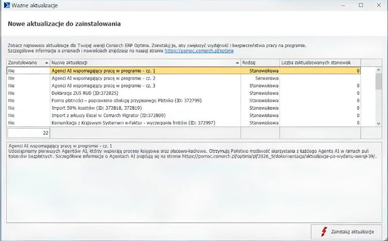 Informacja o dostępności agentów AI w Comarch ERP Optima pojawi się w oknie Ważne aktualizacje.