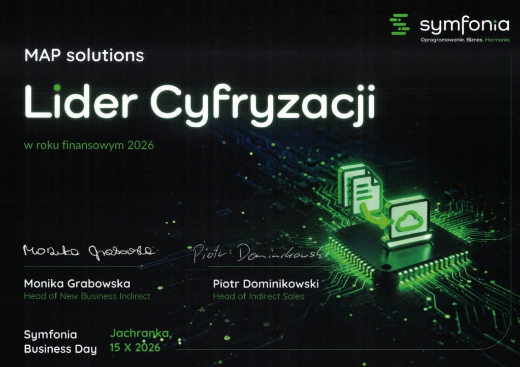 MAP solutions z certyfikatem Lidera Cyfryzacji od Symfonii